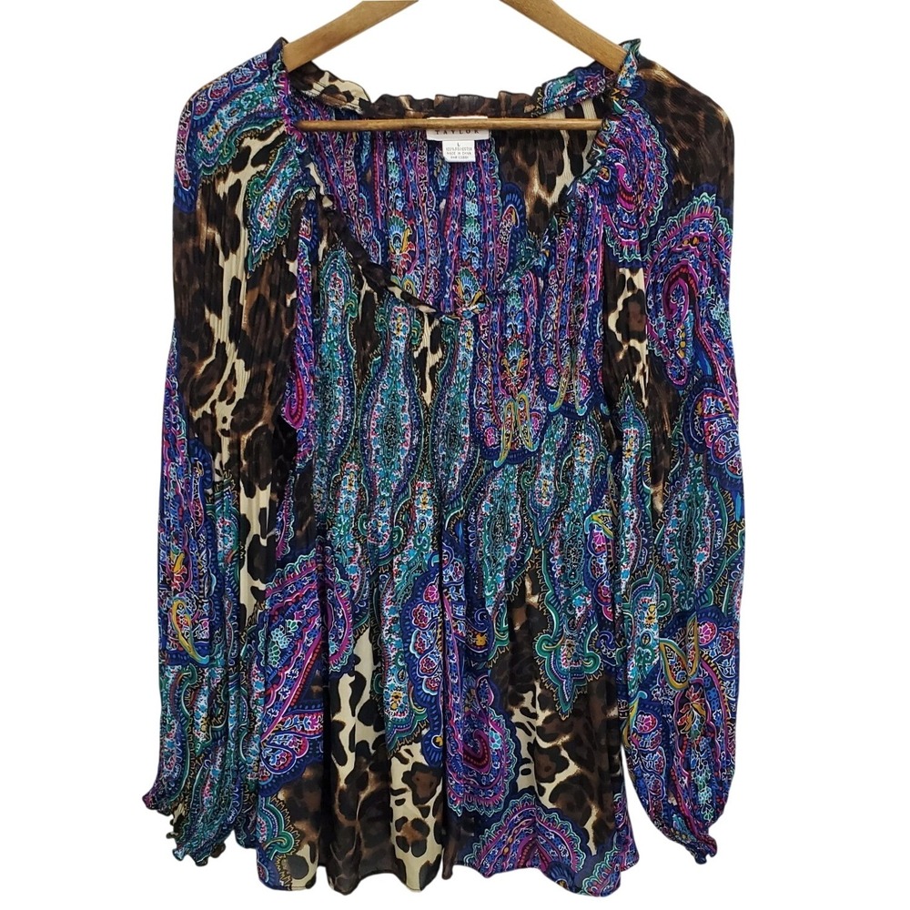 Allison Taylor Womens Paisley Multicolor Crinkle Long Sleeve V-Neck Blouse Top L
